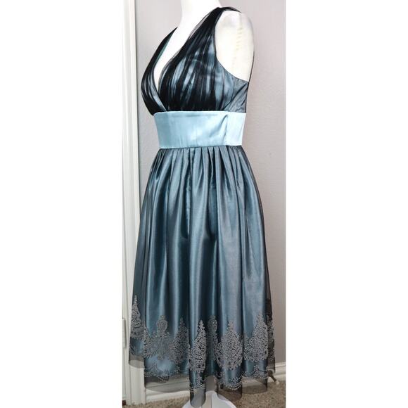 Davids Bridal Turquoise Blue Dress Black Tulle Sequin Fit and Flare Womens 6 - Picture 4 of 8